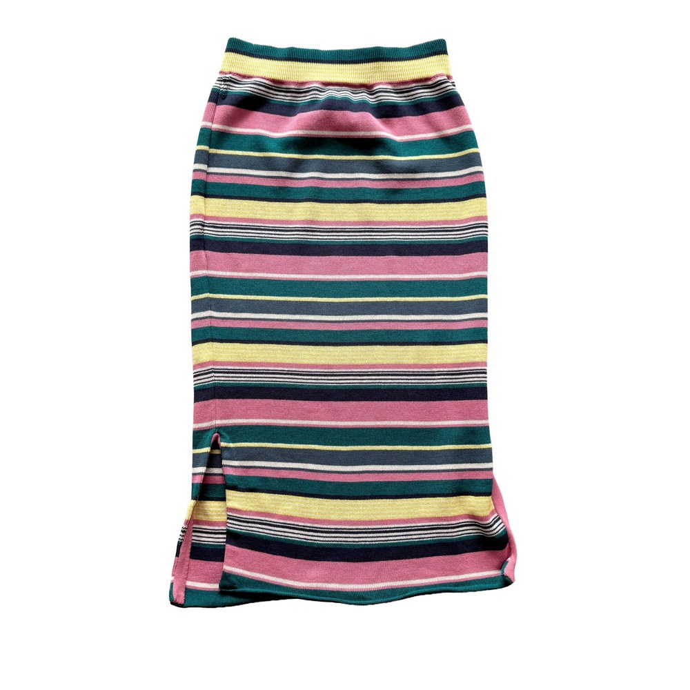 Maeve Anthropologie Striped Knit Midi Skirt Pink Yellow Teal Small Side Slit